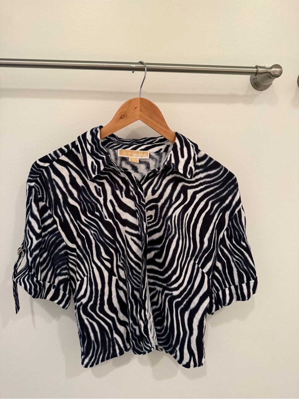 Michael Kors Navy & White Zebra-Stripe Button Down Shirt.